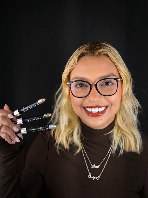 Dra. Lara Isabella segurando materiais odontológicos